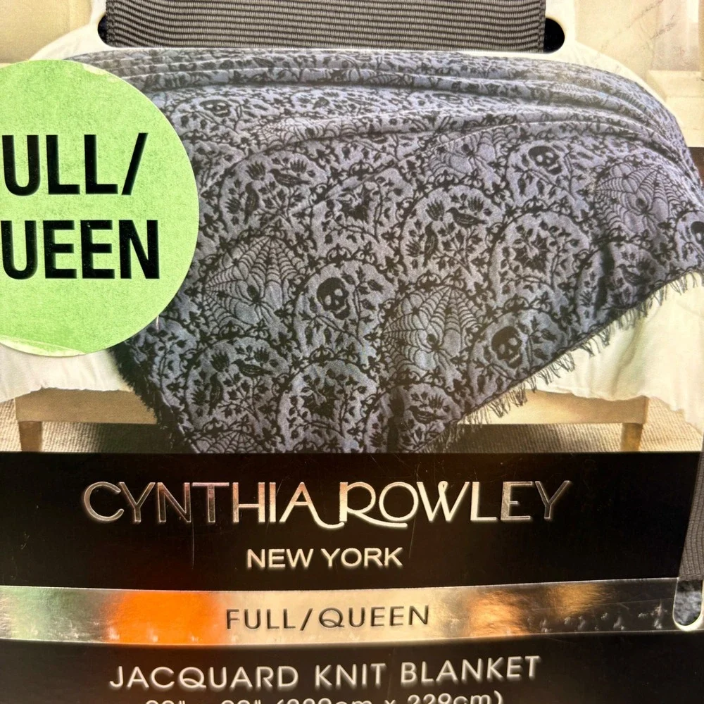 Cynthia Rowley Halloween Skull Spiderweb Jacquard Blanket Gray Black Full Queen